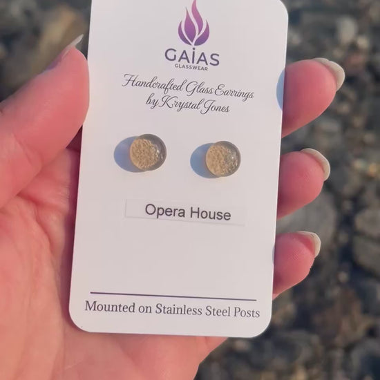 Handmade Opera House fused glass stud earrings featuring elegant architectural-inspired colours and stainless steel posts, crafted by Canadian glass artist Krystal Jones.