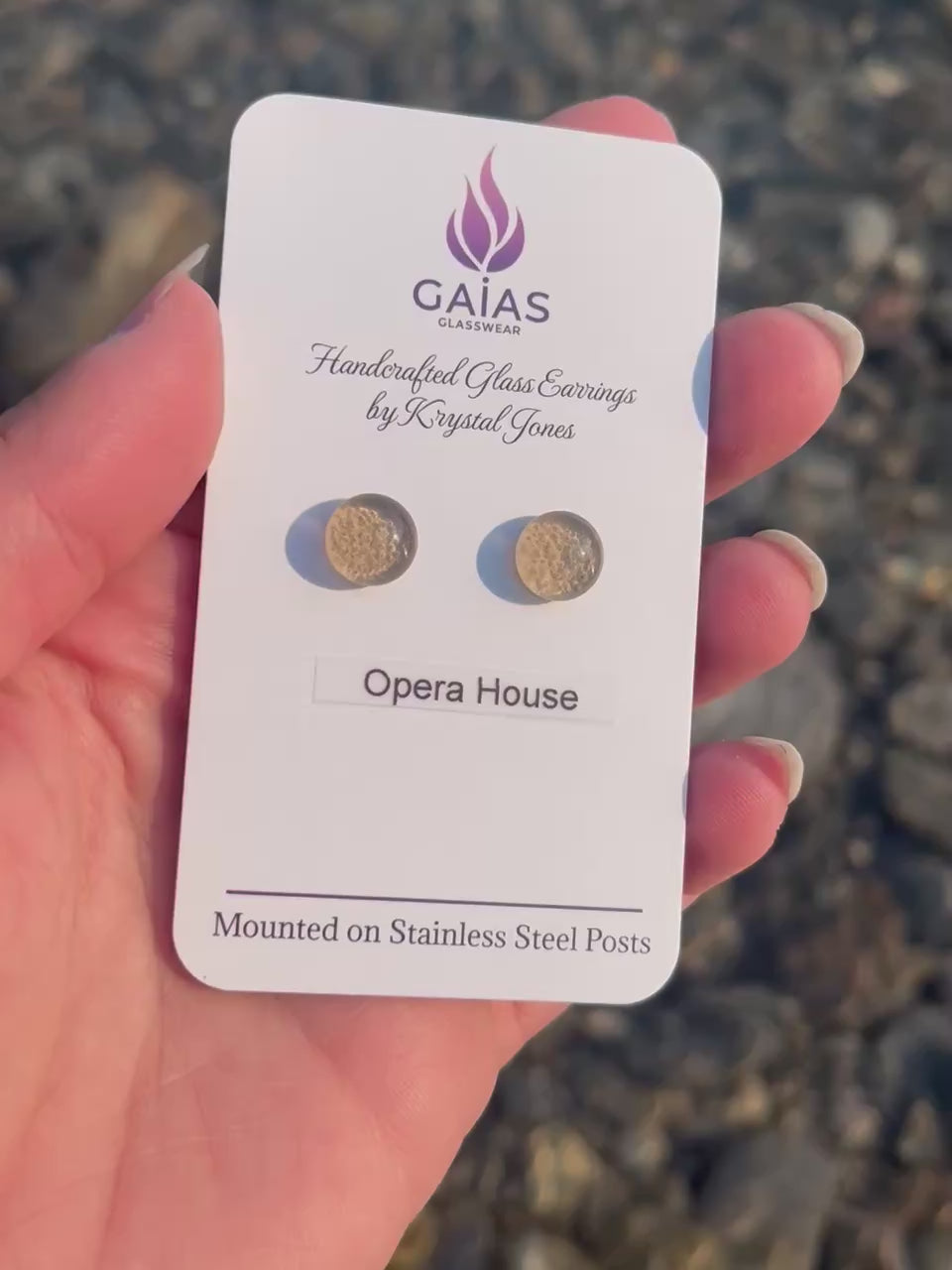 Handmade Opera House fused glass stud earrings featuring elegant architectural-inspired colours and stainless steel posts, crafted by Canadian glass artist Krystal Jones.