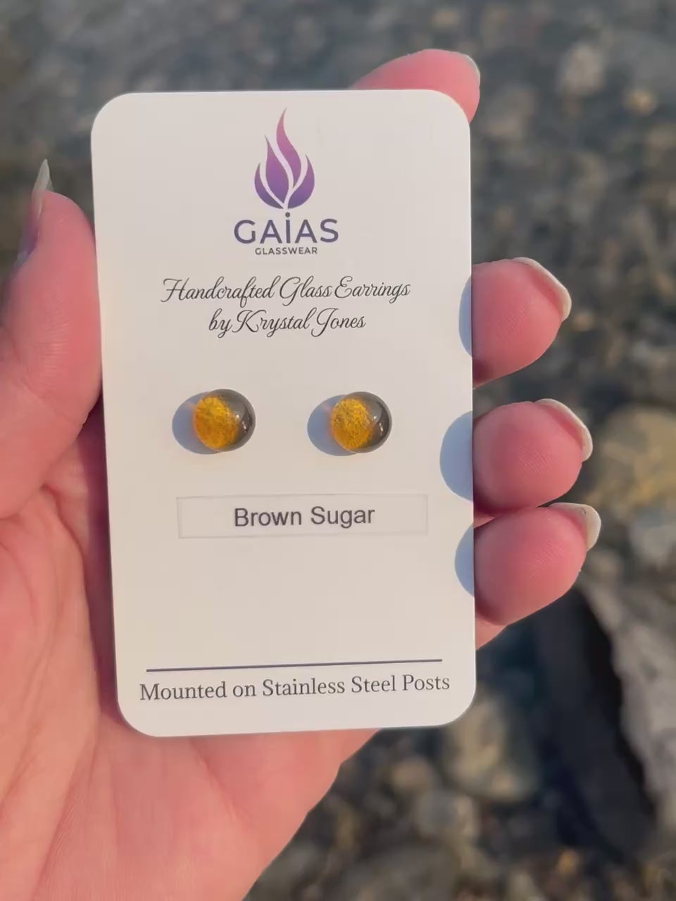 Handmade brown sugar fused glass stud earrings in warm neutral tones with stainless steel posts, crafted by Canadian glass artist Krystal Jones.