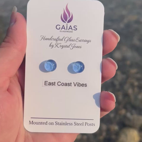 Handmade East Coast Vibes fused glass stud earrings with ocean-inspired colours and stainless steel posts, crafted by Canadian glass artist Krystal Jones.