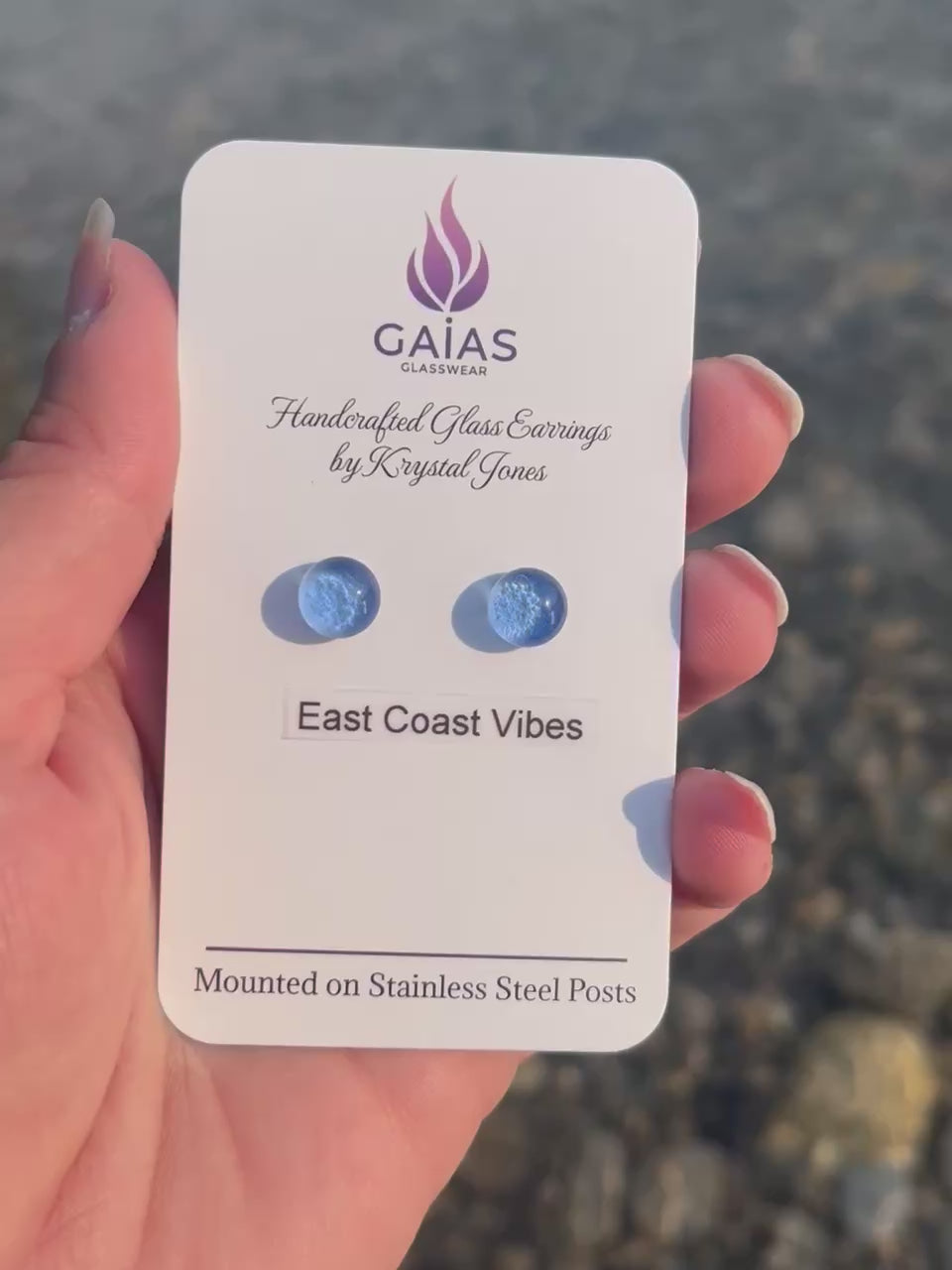 Handmade East Coast Vibes fused glass stud earrings with ocean-inspired colours and stainless steel posts, crafted by Canadian glass artist Krystal Jones.