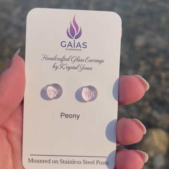 Handmade Peony fused glass stud earrings featuring soft floral-inspired tones and stainless steel posts, crafted by Canadian glass artist Krystal Jones.
