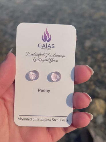 Handmade Peony fused glass stud earrings featuring soft floral-inspired tones and stainless steel posts, crafted by Canadian glass artist Krystal Jones.