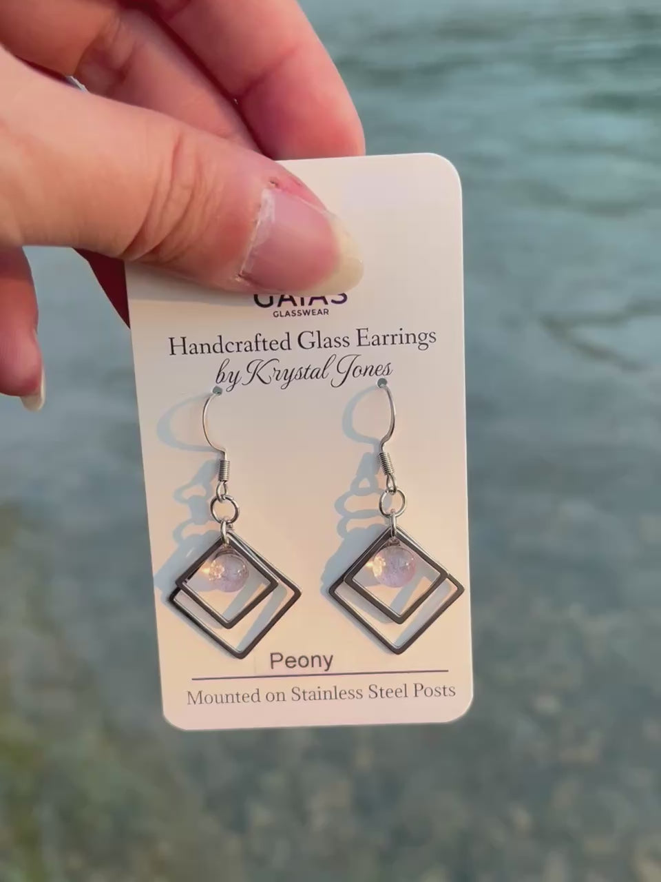 Handmade Peony geometric fused glass earrings featuring soft floral-inspired tones and stainless steel posts, crafted by Canadian glass artist Krystal Jones.