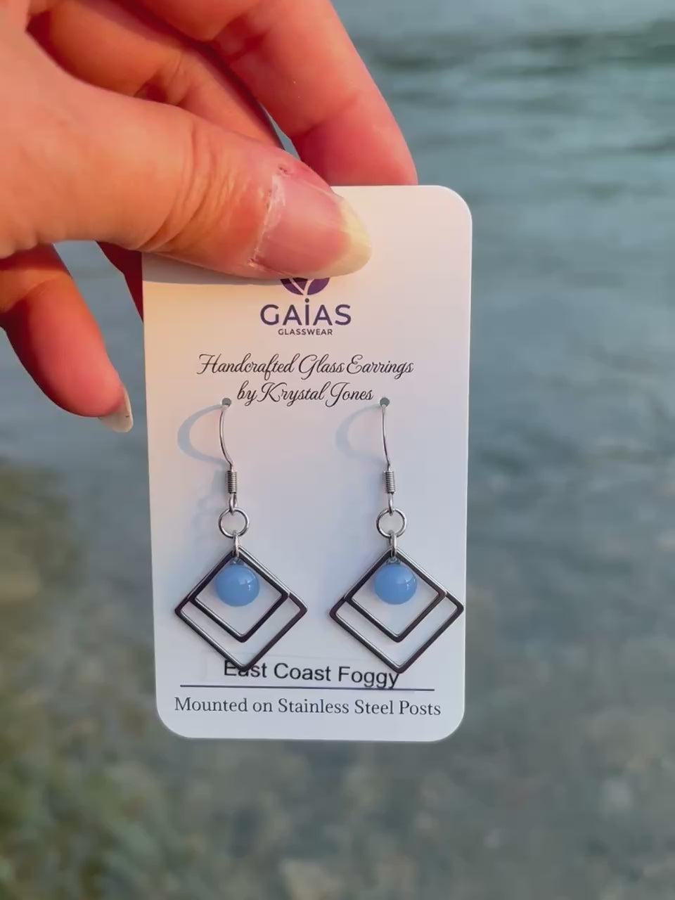 Handmade East Coast Foggy geometric fused glass earrings with soft blue and grey tones and stainless steel posts, crafted by Canadian glass artist Krystal Jones.