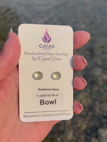 Handmade Eco Yellow Bowl fused glass stud earrings created from reclaimed glass, featuring bright yellow tones and stainless steel posts, crafted by Canadian glass artist Krystal Jones.