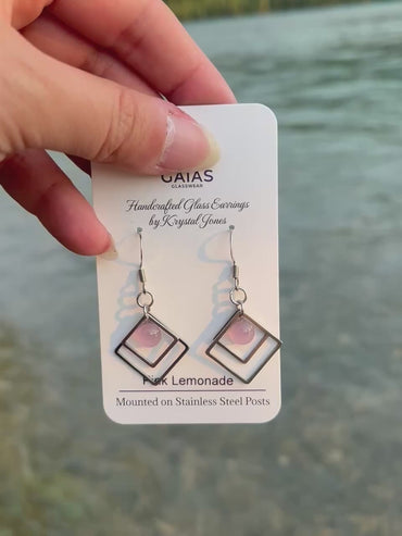 Handmade Pink Lemonade geometric fused glass earrings featuring soft pink tones and stainless steel posts, crafted by Canadian glass artist Krystal Jones.