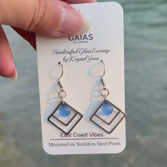 Handmade East Coast Vibes geometric fused glass earrings with ocean-inspired colours and stainless steel posts, crafted by Canadian glass artist Krystal Jones.