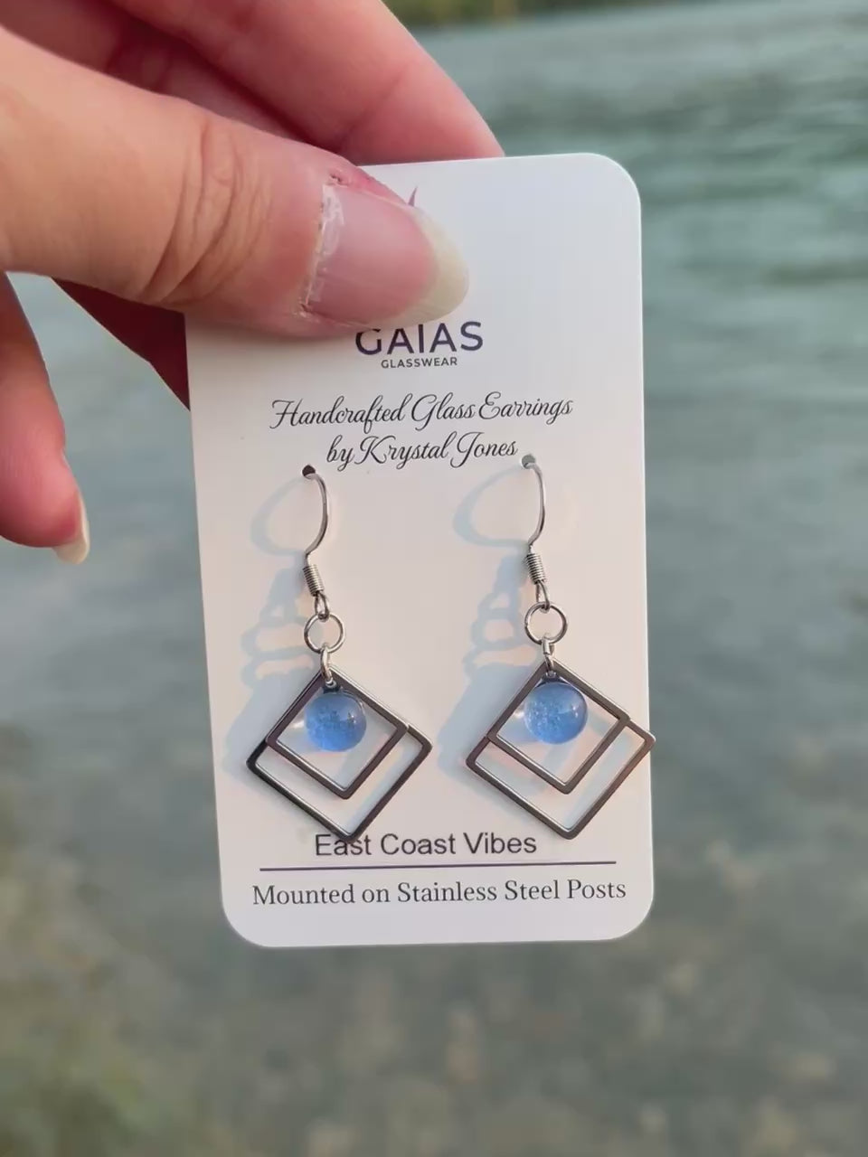 Handmade East Coast Vibes geometric fused glass earrings with ocean-inspired colours and stainless steel posts, crafted by Canadian glass artist Krystal Jones.