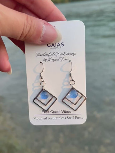 Handmade East Coast Vibes geometric fused glass earrings with ocean-inspired colours and stainless steel posts, crafted by Canadian glass artist Krystal Jones.