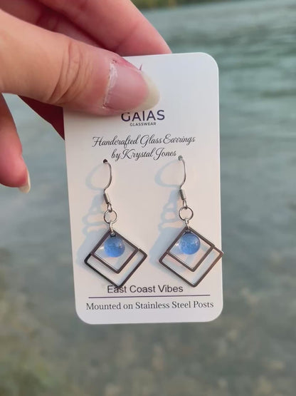 Handmade East Coast Vibes geometric fused glass earrings with ocean-inspired colours and stainless steel posts, crafted by Canadian glass artist Krystal Jones.